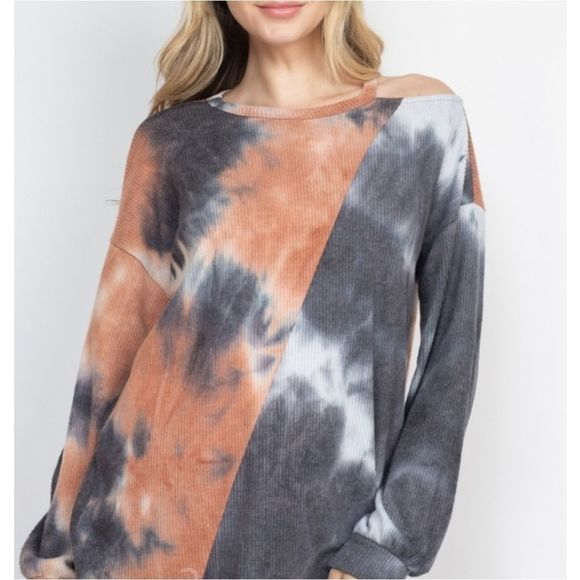 Soft Black And Peach Combo Tie Dye Cold Shoulder Top - Picture 1 of 7